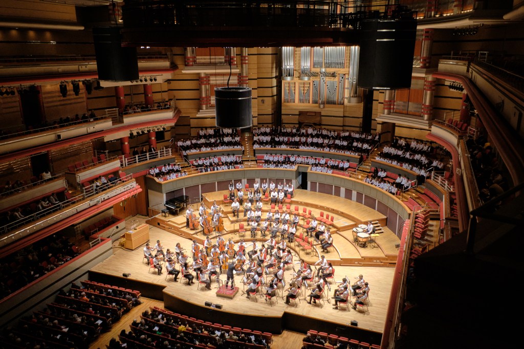 Symphony Hall, Birmingham. Musicians from King Edward’s School and King Edward’s High School for Girls, Birmingham, rehearse and perform.